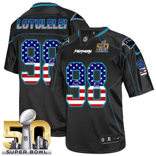 Nike Panthers #98 Star Lotulelei Black Super Bowl 50 Men's Stitched NFL Elite USA Flag Fashion Jersey - Click Image to Close